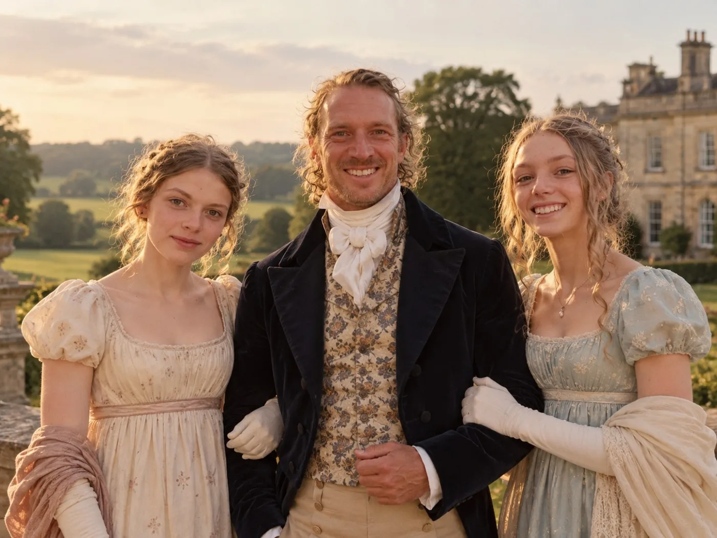 A father and two daughters in Regency clothes in front of a country house at sunset
