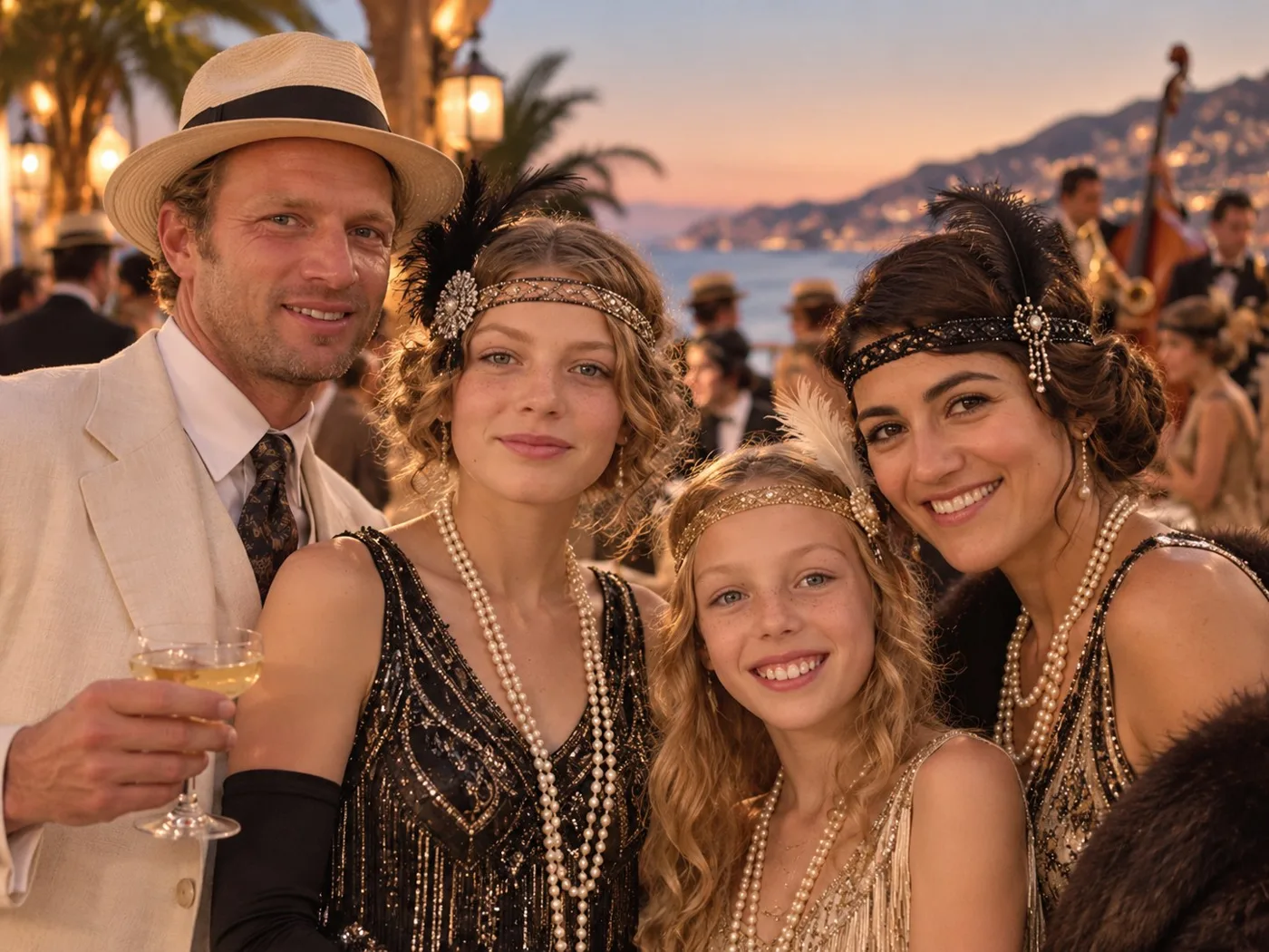 A family in 1920s party clothes at a seaside celebration at sunset