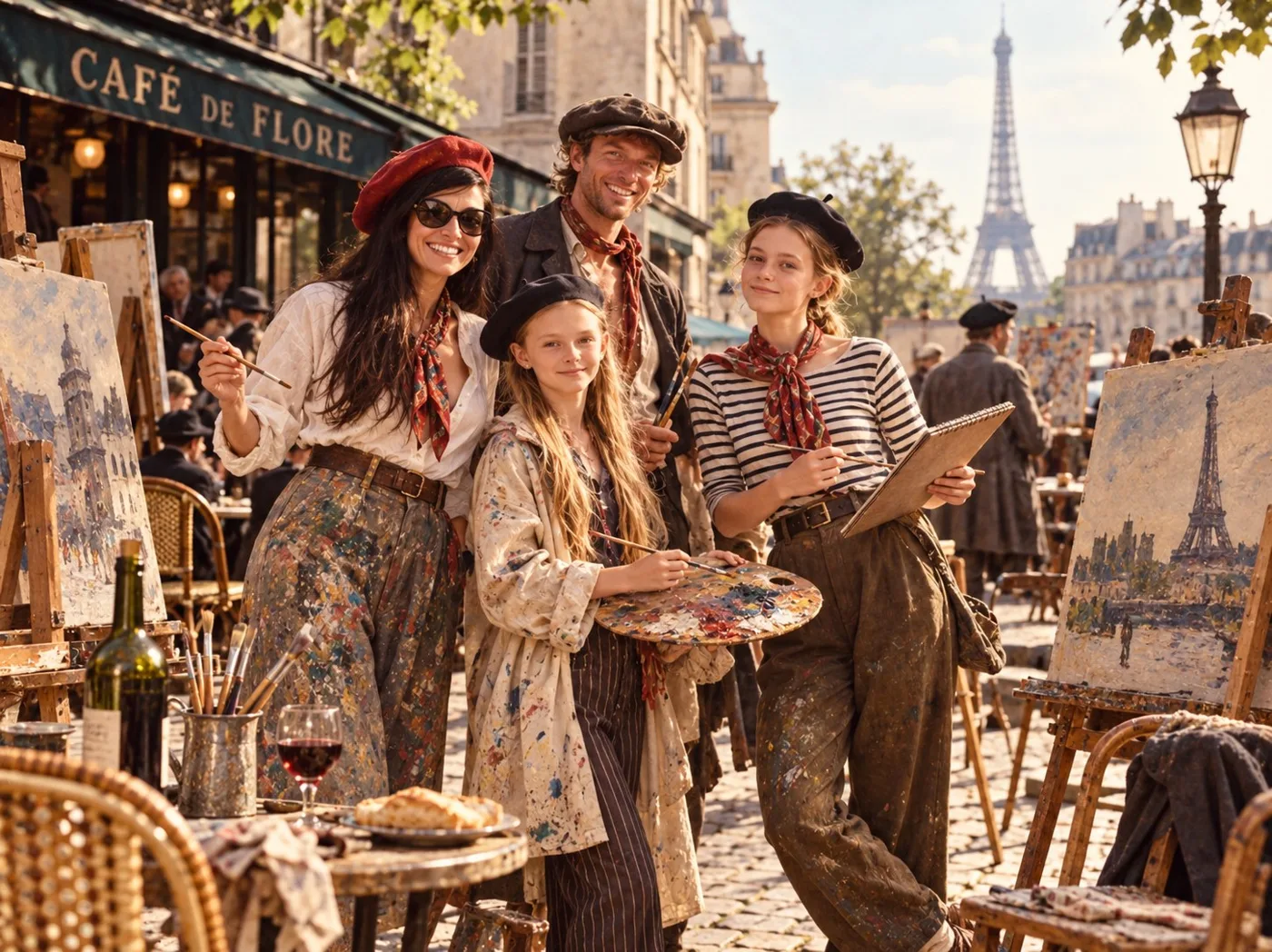 A family dressed as painters at their easels outside a Paris café